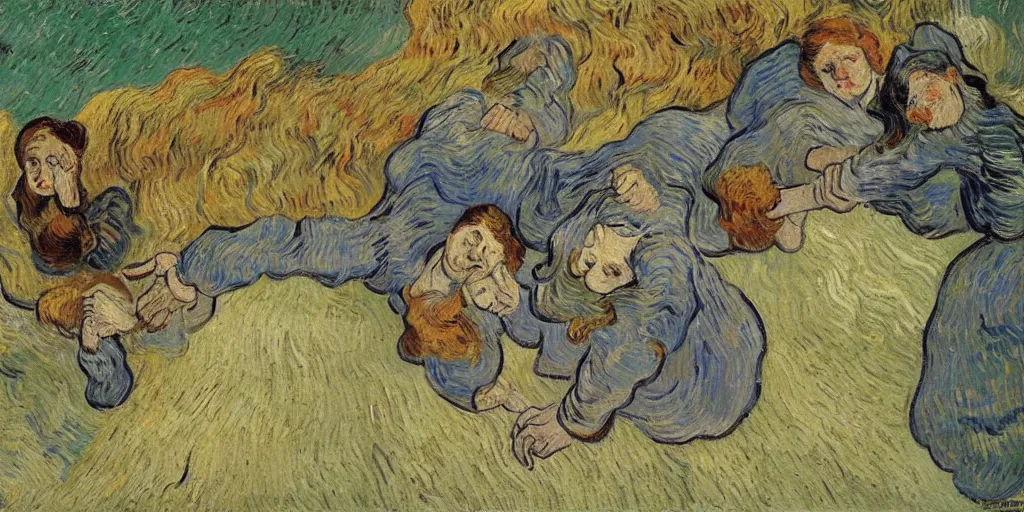 Prompt: three women fall over, ( ( ( ( ( ( ( ( painted by van gogh ) ) ) ) ) ) ) )