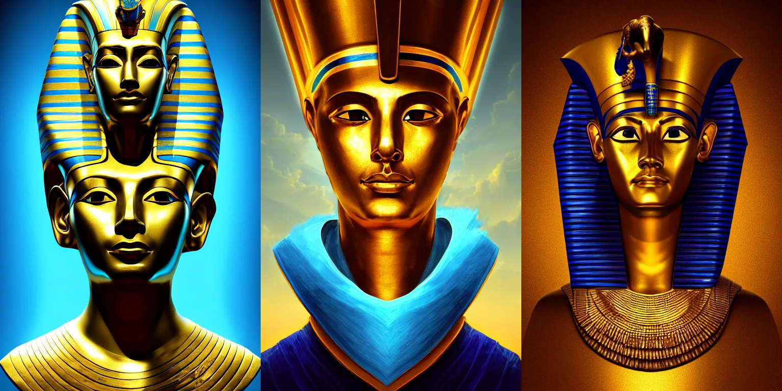 Prompt: Half-length portrait of a pharaoh, noble, god. Dramatic gold blue lighting, bloom. Fantasy, digital painting, artwork, HD, 4k, highly detailed, vibrant, concept art.
