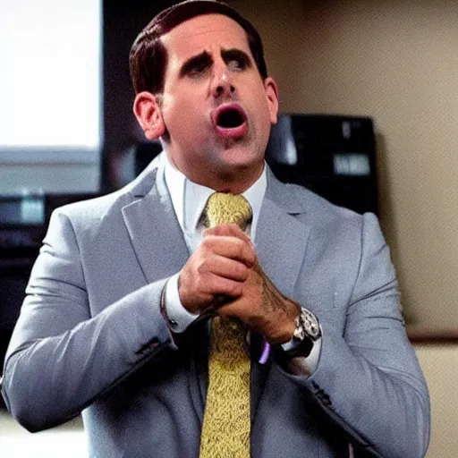 Image similar to michael scott wearing rapper clothes singing