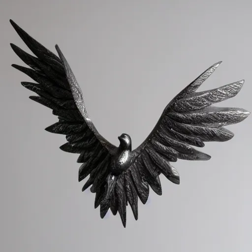 Prompt: dark dusty metal sculpture of two birds fighting midair , photorealistic, studio lighting, very detailed ,