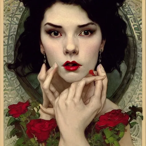 Prompt: portrait of a very beautiful vampire, top half of body, upset expression, by Stanley Artgerm Lau, greg rutkowski, thomas kindkade, alphonse mucha, loish, norman rockwell, J. C. Leyendecker. black hair, European, pale skin, detailed eyes, red lips, small earrings. small frame. Trending on artstation rule of thirds extremely detailed illustration hd 4k