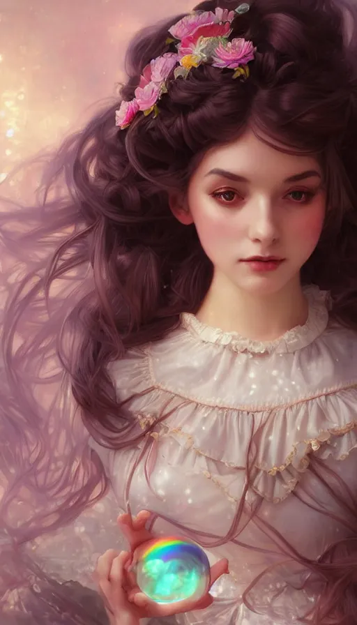 Prompt: portrait of magical lolita girl, dreamy and ethereal, (colour) eyes, peaceful expression, ornate frilly dress, fantasy, intricate, elegant, rainbow bubbles, highly detailed, digital painting, artstation, concept art, smooth, sharp focus, illustration, art by artgerm and greg rutkowski and alphonse mucha