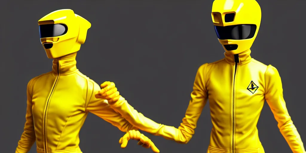 Image similar to symmetry!! portriat, a single yellow ranger, head and torso, artstation, art by murata, art by oda echiiro, lightning helmet, 3 d, jumpsuit, tracksuit, yellow, gloves, logo