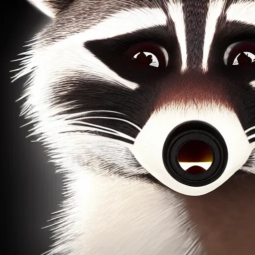 Image similar to a raccoon with a telephoto lens for a nose, octane render, hyperrealism, photorealism, unreal engine, dramatic lighting, volumetric lighting, uplighting