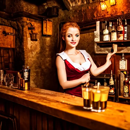 Image similar to young attractive beautiful bar maid in a medieval tavern at night, 4 k detail fantasy, photo realistic, cinematic, filmic, studio lighting