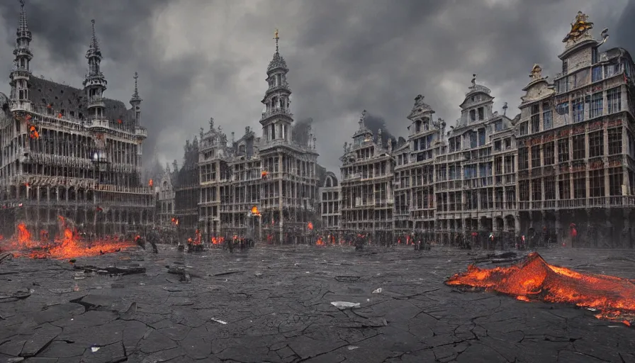 Prompt: destroyed grand place, brussels with fire and debris, grey sky, hyperdetailed, artstation, cgsociety, 8 k