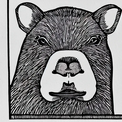 Image similar to capybara doing math, linocut print