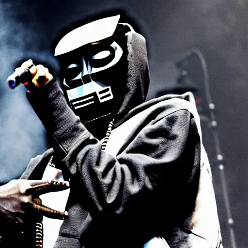 Image similar to mf doom rapping on stage in front of a large crowd, cinematic shot, detailed photography