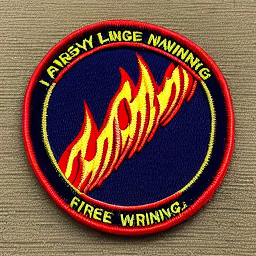 Prompt: vintage windy fire flame warning label patch