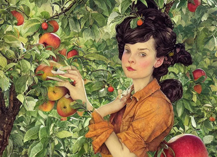 Image similar to lush apple and pear orchard fairy foliage painting carved in amber by chiara bautista and norman rockwell and greg rutkowski weta studio