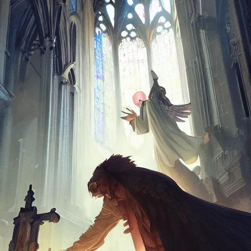 Image similar to angel protecting man who is praying inside a gothic church by Stanley Artgerm Lau, WLOP, Rossdraws, James Jean, Andrei Riabovitchev, Marc Simonetti, Yoshitaka Amano, ArtStation, CGSociety