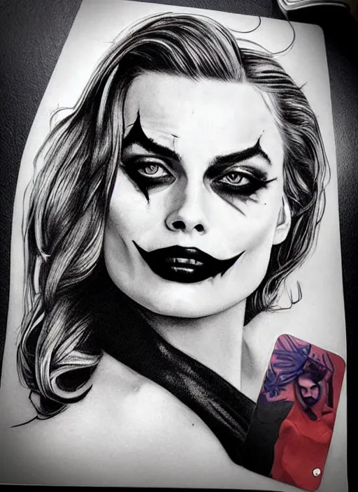 Image similar to tattoo design of margot robbie with joker makeup, ace card, in the style of matteo pasqualin, realistic face, black and white, realism tattoo, hyper realistic, highly detailed