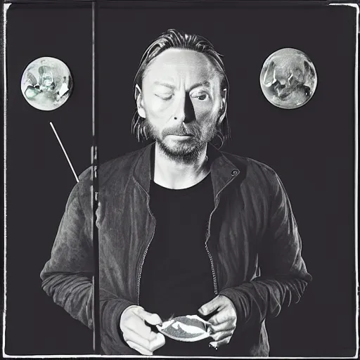 Image similar to Thom Yorke, Thom Yorke, Thom Yorke, holding the moon upon a stick, with a beard and a black jacket, a portrait by John E. Berninger, dribble, neo-expressionism, uhd image, studio portrait, 1990s