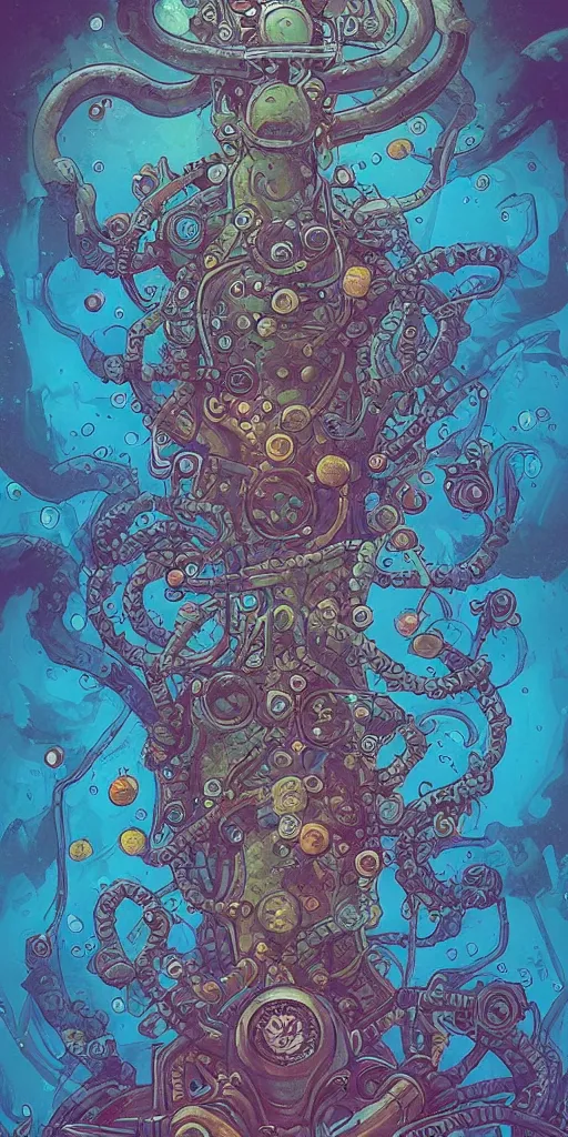 Image similar to a picture of mysterious colourful underwater sea life, being discovered by a man in a steampunk diving suit. water is deep aquamarine coloured. poster art by james jean, concept art, behance contest winner, very detailed, award - winning. lovecraftian, cosmic horror, bioluminescence.