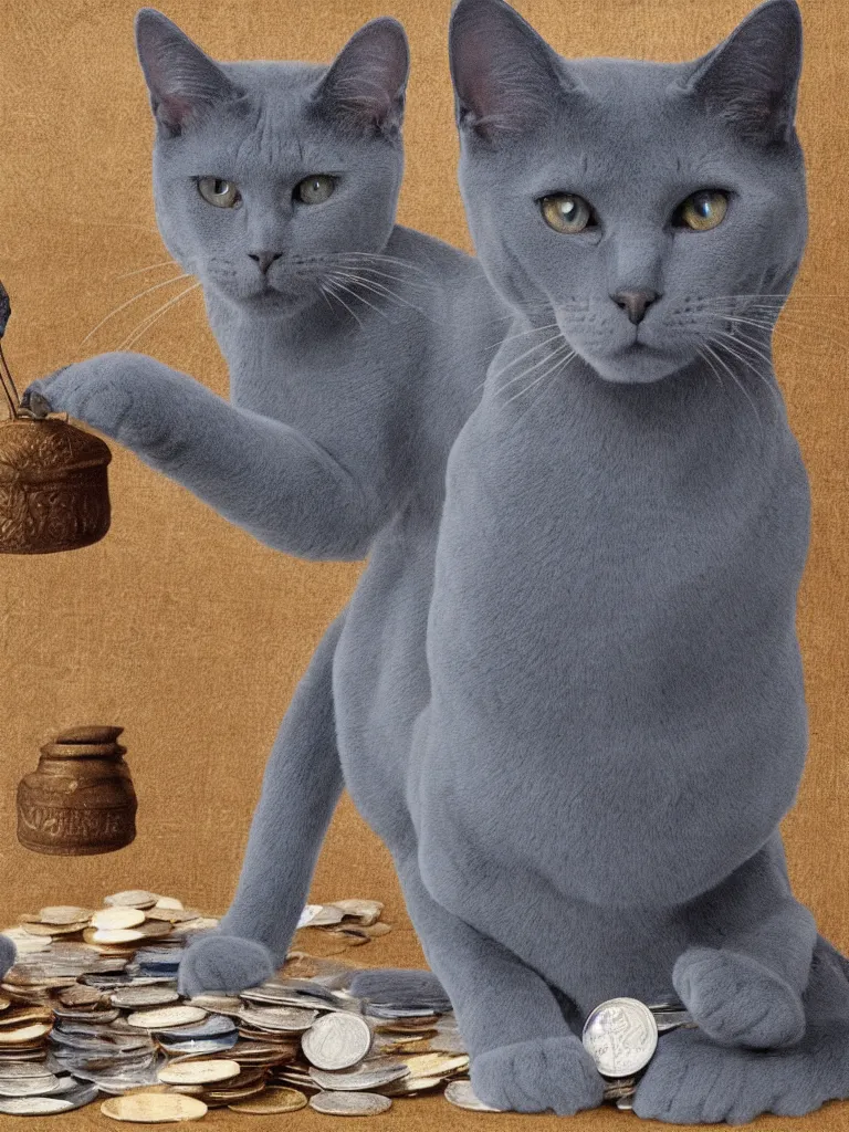 Prompt: A Russian blue cat wears a yarmulke and collects coins and cotton buds in the style of a renaissance painting