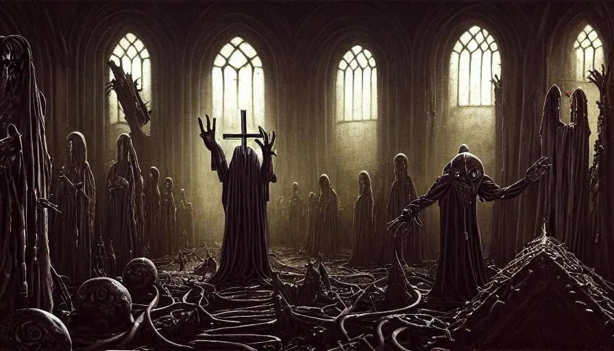 Prompt: a dark rotting alien priest conducts a ceremony, alien church, runes on the walls of the church, religion, death, fear, horror, ultra realistic, hyperrealism, fine details, detailed and intricate environment, by barlowe, by wayne, by caravaggio, 4 k