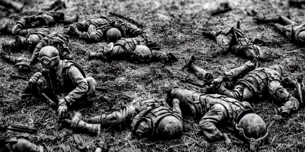 Image similar to exhausted wartorn minions in vietnam, destroyed field, explosions, blood, warzone, war, hyperrealistic, sharp focus, award winning photo