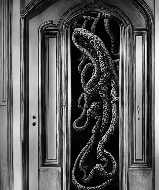 Image similar to horrifying photorealistic image of a 1 9 2 5 hotel elevator lobby, elevator doors look like a mouth, with a tentacle - shaped tongue, licking out, dark, atmospheric, brooding, smooth, finely detailed, cinematic, epic, in the style of lee gibbons