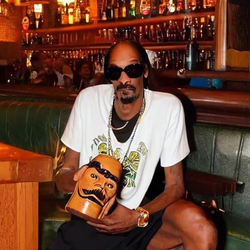 Image similar to snoop dogg at trader vic's bar holding a tiki mug with his face on it