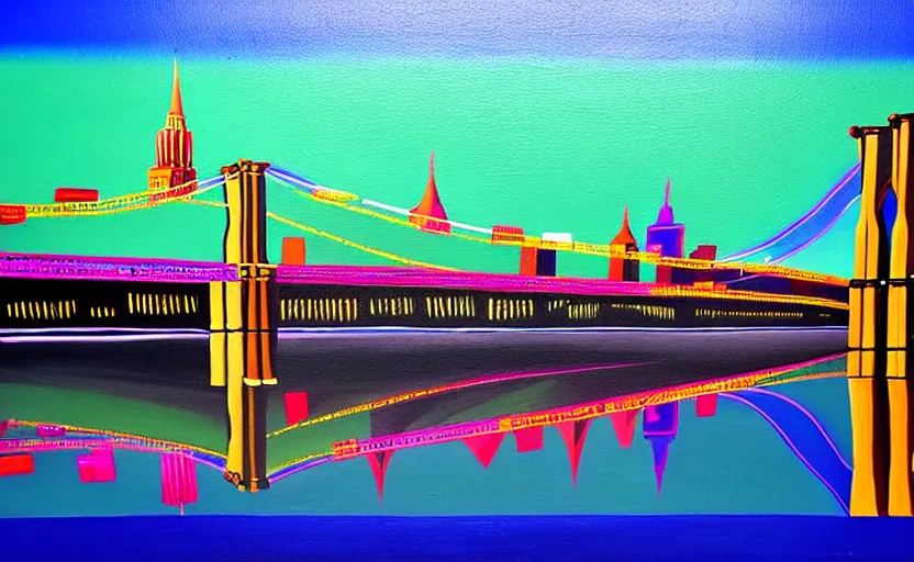 Prompt: a surreal colourful painting of brooklyn bridge on top of kremlin