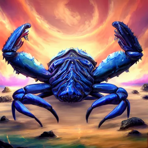 Image similar to blue giant (((((((crab monster)))))))) with giant crab claws, giant crab claws, giant crab claws, fantasy digital art, magical background in the style of hearthstone artwork