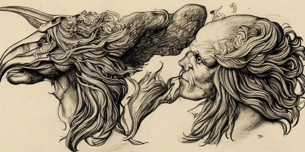 Image similar to human / eagle / lion / ox hybrid. horns, beak, mane, human body. drawn by da vinci