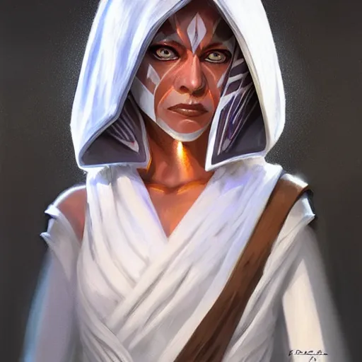 Prompt: portrait of a Ahsoka Tano by Greg Rutkowski, she is about 60 years old, wearing white robes, Star Wars Expanded Universe, highly detailed portrait, digital painting, artstation, concept art, smooth, sharp foccus ilustration, Artstation HQ