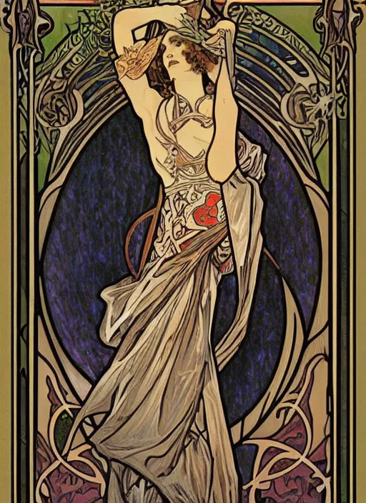 Prompt: an art nouveau painting by alphonse mucha of death, tarot card style