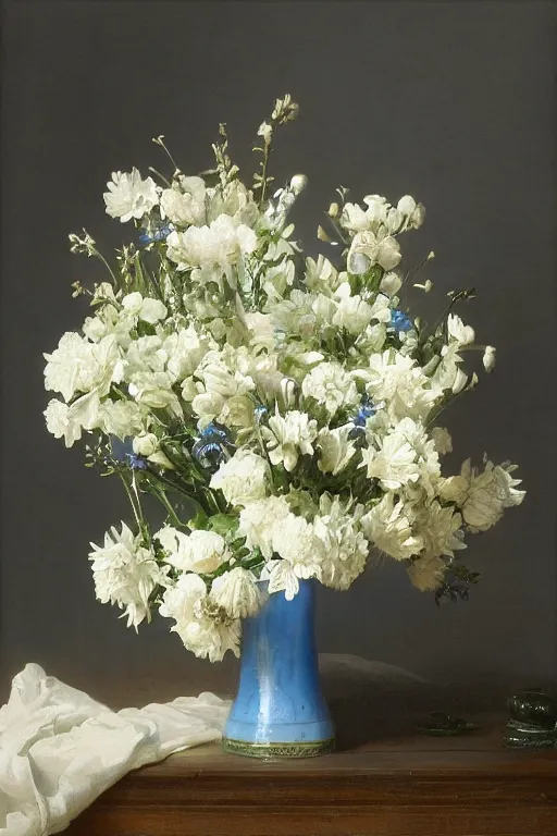 Prompt: beautiful bouquet of white flowers in a beautiful blue bottle, painted on watercolor paper. jean - leon gerome, orientalism, academicism, angel, beautiful, highly detailed, color harmony, octane render, ornate, beautiful lighting, cg society, highly detailed, 5 k extremely detailed, 3 d. cinematic scene. sharp image