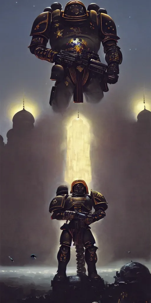 Image similar to high detailed portrait of islamic style space marine, with beautiful mosques, warhammer 40000, cinematic light, dark environment, painting by jeremy geddes, Winslow Homer, Daniel Ridgway Knight, trending on artstation, ultrarealistic concept art, illustration, 4k, high quality