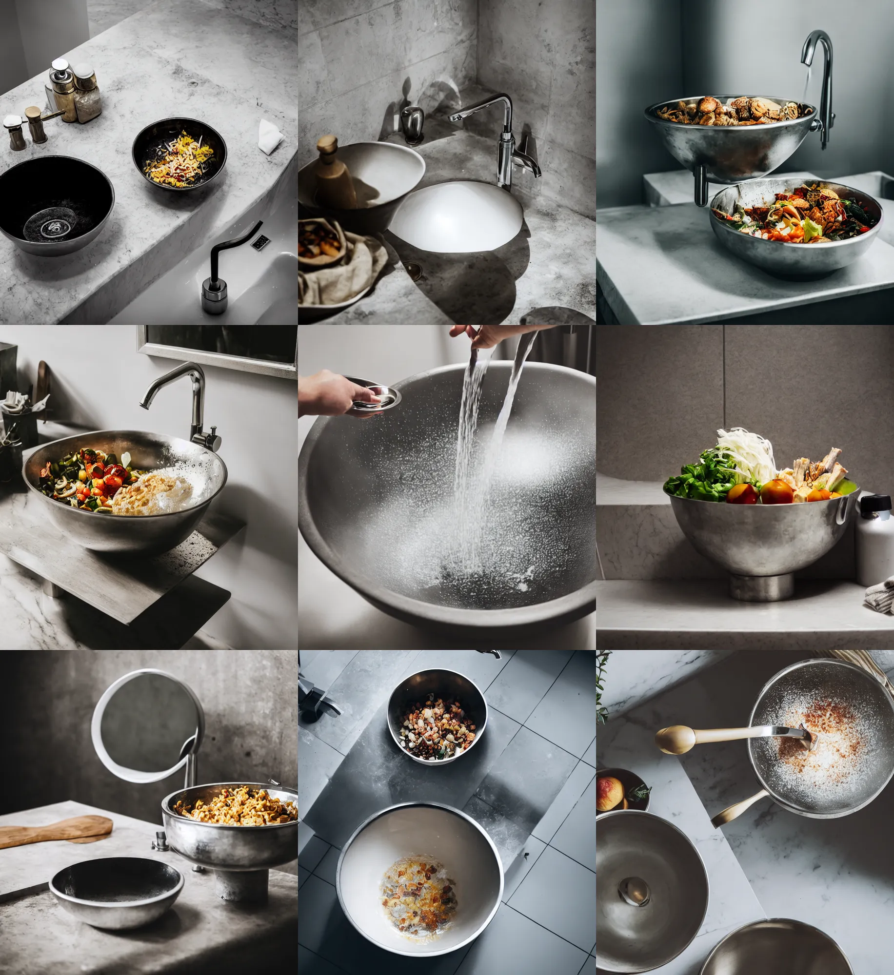 Prompt: someone cooking a bowl of food above a shiny washbasin with a tap, professional photography, book cover, coherent, close up