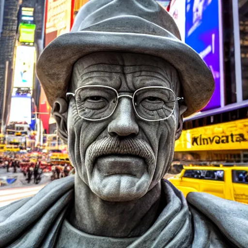 Image similar to a long shot of a very detailed renaissance sculpture of walter white in a hat by michelangelo, standing in times square, 3 d render, hyper detailed, sharp focus, 8 k resolution