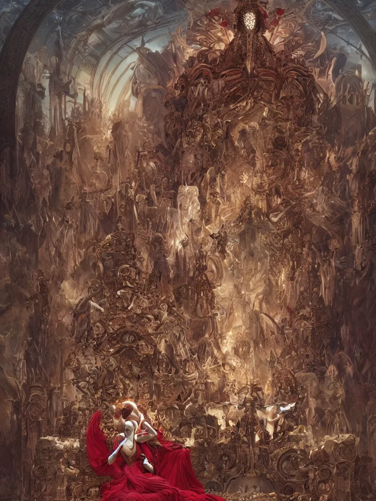 Image similar to a huge ivory throne with abominations kneeling in front of it, red tones, highly coherent, ultra realistic, concept art, intricate details, eerie, highly detailed, photorealistic, octane render, 8 k, unreal engine. art by artgerm and greg rutkowski and alphonse mucha