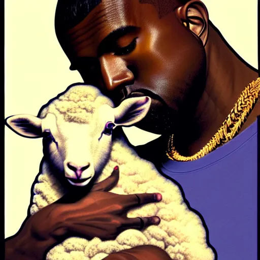 Prompt: a painting of kanye west holding a lamb, side - view, afrofuturistic, ambient, dreamy, by filip hodas and alphonse mucha, detailed facial features, detailed hands, extremely intricate, rendered in blender