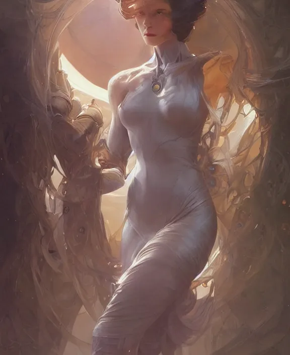 Image similar to portrait of a futuristic woman, half body, d & d, fantasy, intricate, elegant, highly detailed, digital painting, artstation, concept art, art by artgerm and greg rutkowski and alphonse mucha, boris vallejo