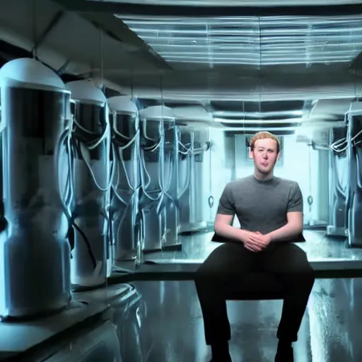 Image similar to mark zuckerberg sitting in front of his clones growing inside a vat of protein fluid. They are inside the cloning med bay of an alien ship. the ceiling and floor glow. from science fiction movie.