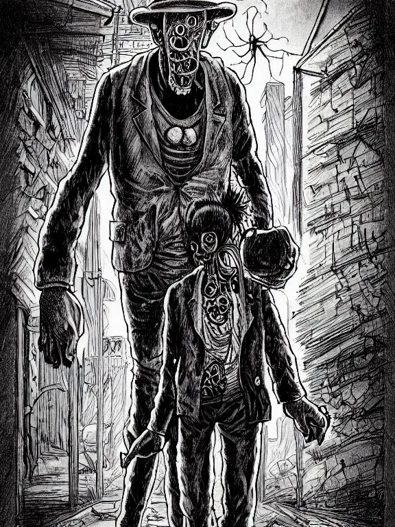 Prompt: a friendly and completely ordinary man, by david lapham and ( junji ito ), hand drawn, comic book, gritty, body horror, full of color, vibrant colors, trending on artstation, ultra high detail, focused, unreal engine 5, octane render, glow, scary atmosphere