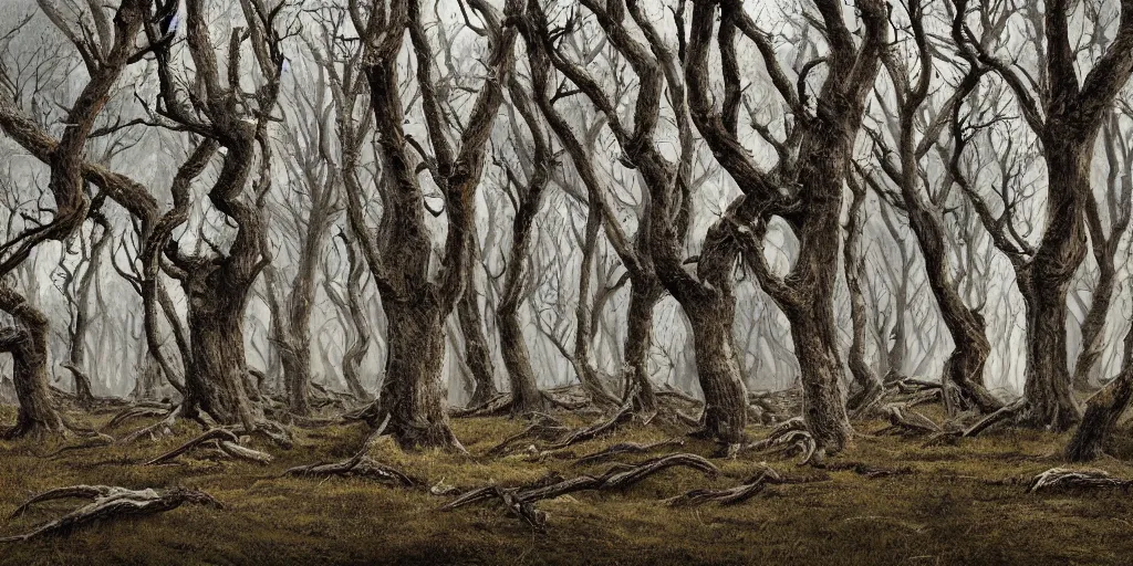 Prompt: swaths of dead windswept trees, no soil, high quality fantasy art, 4k