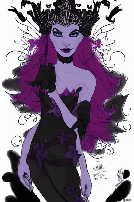 Prompt: vivid colors, bio-luminescent beautiful mysterious evil fairy queen, wearing a crown, in deep black darkness, shining eyes, face by otto schmidt