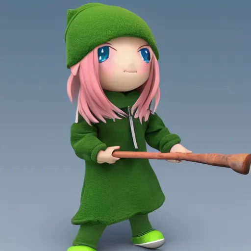 Prompt: cute fumo plush of a girl in a green hoodie with a giant hammer, vray