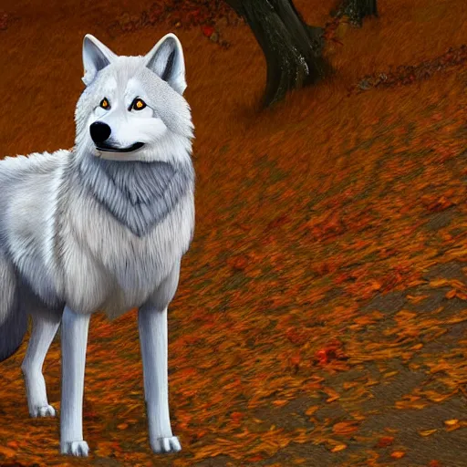 Prompt: professional stylized full - body digital art of a side profile of a cream tibetan wolf, tan and brown accents, fluffy, falling leaves, hd, 8 k, highly detailed, high quality, cute