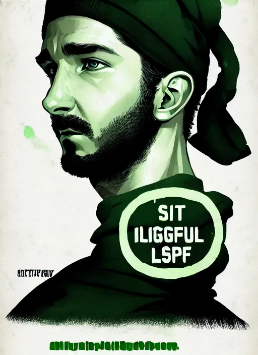 Image similar to highly detailed closeup portrait motivational poster of shia lebouf with large bold letter motivational words by greg rutkowski, by artgerm, gradient green, black and white color scheme, black border