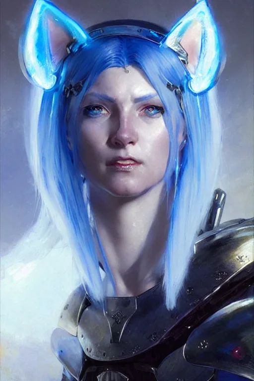 Prompt: woman with white hair, blue eyes and glowing cat ears in police armor portrait dnd, painting by gaston bussiere, craig mullins, greg rutkowski, yoji shinkawa