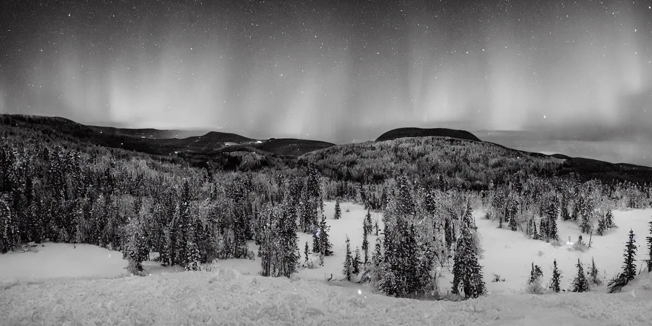 Prompt: laurentian appalachian mountains in winter, unique, original and creative landscape, black and white semiabstract, snowy night, distant town lights, aurora borealis, deers and ravens, footsteps in the snow, brilliant composition, fascinating textures