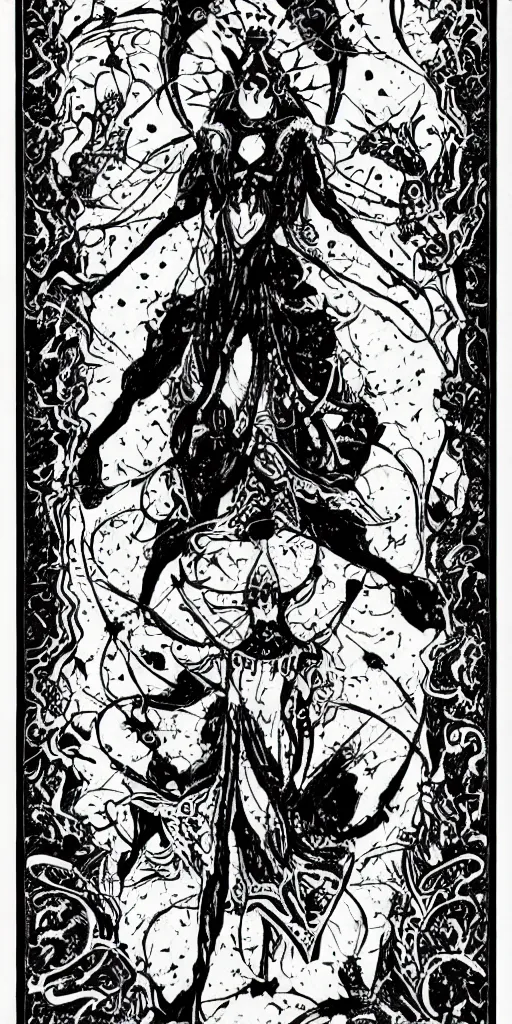 Image similar to a beautiful black and white fractal tarot card featuring bold occult imagery with clean lines. female demon.