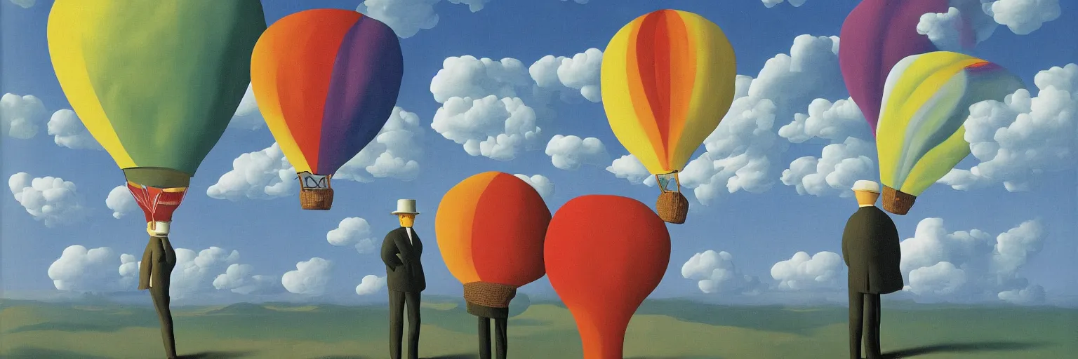 Prompt: colorful hot air balloon painting magritte