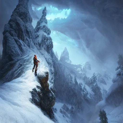 Image similar to climber, extreme cold, storm, octane rendering, volumetric lightning, hyperrealism, no blur, 4 k resolution, ultra detailed, style of ivan shishkin, tyler edlin, anato finnstark, edward robert hughes