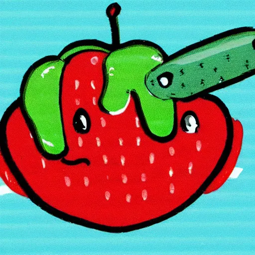 Prompt: a cute strawberry character with two front teeth, holding a yellow toothbrush, in the style of richard scarry