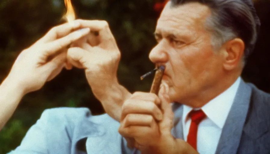 Prompt: 60s movie still close-up portrait of Josip Broz Tito smoking cigar, cinestill 800t 120mm eastmancolor, cinematic, very detailed, skin texture, high quality