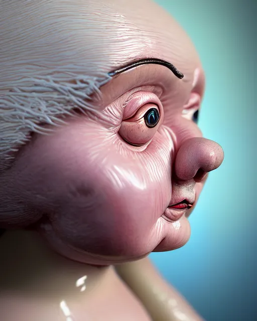 Prompt: highly detailed closeup, face profile portrait of a chubby porcelain white hair old wrinkled woman doll, hyper realistic, artstation, illustration, nicoletta ceccoli, mark ryden, lostfish, dan decarlo, bob clampett, max fleischer, digital paint, matte paint, vivid colors, detailed and intricate environment